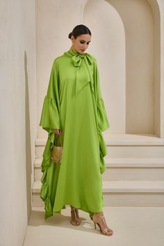 Light Green Wrap-neck Kaftan in Satin - Etsy Kaftan Styles For Ladies, Turkish Abaya, Boubou Styles, Kurti Pattern, Boubou Styles For Women, Church Clothes, Kaftan Designs, Abaya Style, African Dresses For Kids