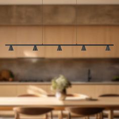 a dining room table and chairs with lights hanging from the ceiling