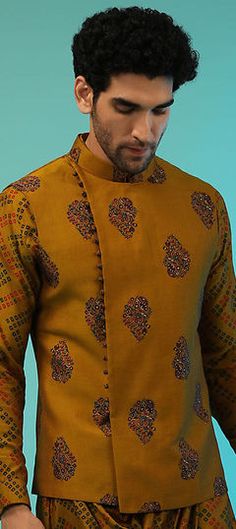 Yellow color Nehru Jacket in Satin Silk fabric with Printed work Long Choli Lehenga, Satin Suits, Anarkali Suits Designer, Nehru Jacket For Men, Salwar Suits Party Wear, Men's Wedding Outfit, Cotton Lehenga, Angrakha Style, Black Lehenga