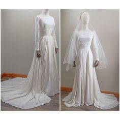 two photos of a white wedding gown and veil on mannequins in front of a wall