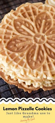 two lemon pizzelle cookies cooling on a wire rack with the words, just like mama use to make them