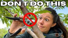 a woman holding scissors up to a tree with the words don't do this