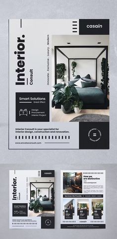 the interior design brochure is shown in black and white