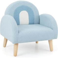 a blue chair with a white circle on the back and wooden legs, sitting in front of a white background