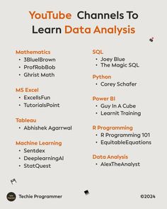 a poster with the words youtube channels to learn data anals in orange and black