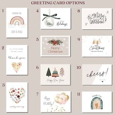 christmas cards with the words greeting card options in different styles and colors, including red, white