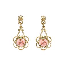 A Victorian style gold toned earrings that features a hand made rose in genuine porcelain. A delicate filigree design adds a whimsical touch to this classic design. Available in peach, yellow, light purple, white and pink Measurements: 0.94"H x 0.45"W Made In USA PORCELAIN ROSE COLLECTION Our enchanting Porcelain Rose Collection features charming pieces with a feminine, vintage feel. Gold-tone & silver-tone styles are decorated with roses made of genuine porcelain for a delicate look that adds a