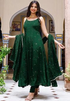 Faux Crepe Anarkali Kameez in Dark Green. This Readymade Sleeveless attire with Shantoon Lining is Enhanced with Resham and Sequins Work, Along with Gota Lace Work on Dupatta .Crafted in Round Neck. Available with a Shantoon Churidar in Dark Green and a Faux Crepe in Dark GreenThe Kameez and Bottom Lengths are 50 and 45 inches respectively. We sell all kinds of salwar kameez sets for women Georgette Salwar Kameez | Crepe Salwar Kameez | Art Silk Salwar Kameez | Velvet Salwar Kameez | Chiffon Sal Sleeveless Chanderi Salwar Kameez For Party, Designer Anarkali Set With Resham Embroidery, Ankle-length, Designer Ankle-length Anarkali Set With Resham Embroidery, Semi-stitched Sleeveless Anarkali Set With Mirror Work, Semi-stitched Sleeveless Gown With Resham Embroidery, Sleeveless Semi-stitched Gown With Resham Embroidery, Semi-stitched Sleeveless Kurta With Mirror Work, Sleeveless Anarkali Set With Zari Work For Navratri, Designer Sleeveless Kurta With Mirror Work