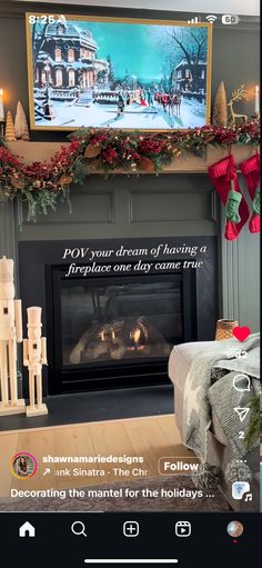 the fireplace is decorated with christmas decorations