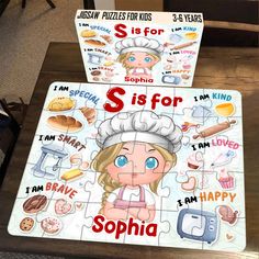 two children's puzzles with the names of different foods and words on them