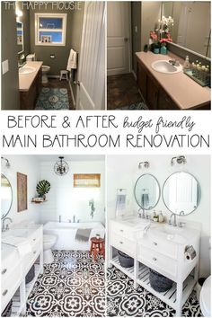 before and after photos of a bathroom remodel with black and white flooring