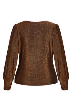 A shimmery knit fabric adds a pop of glamour to this surplice V-neck top framed by billowy long sleeves. 26" length (size X-Small) Surplice V-neck Long sleeves Lined 58% nylon, 34% metallic fibers, 8% elastane Hand wash, dry flat Imported Glamorous V-neck Winter Top, Gold V-neck Top For Fall, Chic Long Sleeve Glitter Tops, Chic Shimmer Top For Fall, Chic Shimmer Tops For Fall, Glamorous Long Sleeve Glitter Tops, Glamorous V-neck Holiday Tops, Chic Metallic V-neck Top, Metallic Long Sleeve Tops For Fall