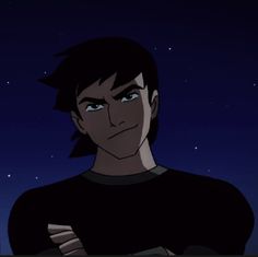 an animated image of a young man in the dark with blue eyes and black hair