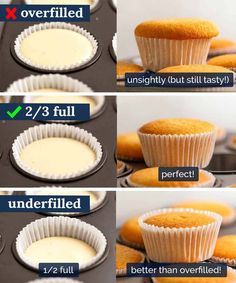 the steps to making cupcakes are shown in three different stages, including baking