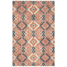 an orange and blue rug with geometric designs