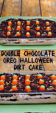 two trays filled with chocolate oreo halloween dirt cake on top of a wooden table