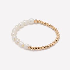 4MM 14K yellow gold bracelet for women with pearls on clear elastic. Fresh water pearl (all pearls are different). Gold Bracelet For Women, Fresh Water Pearl, Yellow Gold Bracelet, Bracelet For Women, Gold Beads, Pearl Bracelet, Timeless Beauty, Fresh Water, Freshwater Pearls