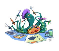 an octopus with paintbrushes and other art supplies