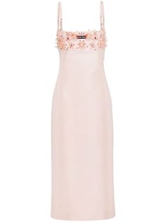 light pink wool-silk blend floral embroidery bead detailing spaghetti straps square neck mid-length Miumiu Dress, Miu Miu Dress, Whimsical Dress, Embellished Midi Dress, Dolce E Gabbana, Pink Midi Dress, Fancy Outfits, Embellished Dress, Cocktail Dress Party