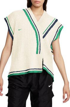 Nike Sportswear Collection Stripe Trim Sweater Vest | Nordstrom Nike Vest, Sportswear Collection, White Capri Pants, Sporty Aesthetic, Summer Fashion Trends, Winter Trends, Trouser Style, Ribbed Sweater, Nike Sportswear