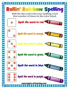 the rollin'rainbow spelling game with four crayons and two pencils