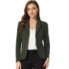 The curved hem and a fitted waist, make this formal blazer different from other blazers and add a stylish twist. Keep your work-wear wardrobe up-to-date by adding this pretty blazer. Pair it with a range of blouses and jeans, a pencil skirt, or cigarette pants, and show off your charming effortless OL style. This blazer suit jacket features a single-breasted design, a fitted waist, and regular hip-length, which make it comfortable for all-day wear. The lapel collar neckline and straight-cut cuff Classic Green Blazer With Button Closure, Classic Green Button-up Blazer, Semi-formal Green Blazer With Double Button Closure, Womens Oversized Blazer, Double-breasted Green Blazer With Double Button Closure, Military Long Sleeve Blazer With Button Closure, Spring Blazer, Straight Line Designs, Crop Blazer