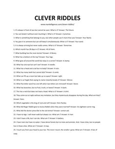 a page with the words clever riddles in black and white, on top of it