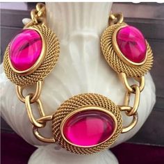 Vintage Monet Bracelet Is Good Conditions. Please See Pictures For Details. Cabochon Bracelet, Monet Jewelry, Vintage Monet, Toggle Bracelet, Vintage Color, Pink Glass, Vintage Colors, Womens Jewelry Bracelets, Gold Tones