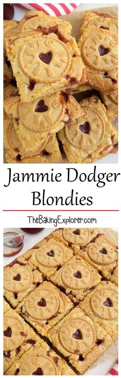 some cookies are stacked on top of each other and the words jammie dodger blondies