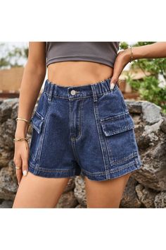 Get ready for summer with our High-Waist Denim Shorts! These trendy jean shorts feature convenient pockets for all your essentials. Shop now and elevate your casual style game. (Trust us, these are a must-have for warmer weather.) Pattern type: Solid Style: Casual, Chic Features: Pockets Material composition: 95% rayon, 5% polyester Stretch: No stretch Care instructions: Machine wash cold. Tumble dry low. Imported Product measurements: S: waist 25-28 in, hip 41 in, length 12 in M: waist 27-30 in Medium Wash High-waisted Shorts With Pockets, High-waisted Denim Shorts With Five Pockets, High-waisted Denim Blue Jean Shorts With Pockets, Denim Blue High-waisted Cotton Shorts, High-end Denim Blue Shorts With Pockets, Style Casual Chic, Trendy Jeans, Get Ready For Summer, Crop Top Bra