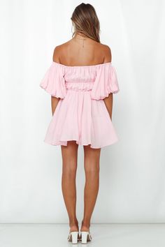 Length from shoulder to hem of size S: 72cm. Baby pink mini dress. Lined. Cold hand wash only. Model is a standard XS and is wearing size XS. True to size. Lightweight, non-stretchy woven fabric. Shirred, elasticised neckline and torso. No zipper. Slip-on style. Ruched placement may vary. Tulle petticoat. Polyester. You're looking extra cute and feminine wearing our Be Your Baby Doll Dress! Featuring this season's lush and super sweet baby doll silhouette, we are living for this mini dress's ruc Pink Mini Hem Dress For Brunch, Pink Mini Hem Dresses For Brunch, Cute Off-shoulder Mini Dress With Ruffles, Summer Feminine Off Shoulder Mini Dress, Feminine Summer Mini Off Shoulder Dress, Feminine Off Shoulder Mini Dress For Summer, Feminine Off Shoulder Mini Dress For Brunch, Cotton Mini Dress For Brunch, Feminine Off-shoulder Mini Dress For Summer