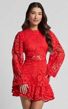 Kiss Me Now Mini Dress - Long Puff Sleeve Dress in Red Floral | Showpo USA Rush Dresses, Dress Sleeve Styles, Lace Dress With Sleeves, Weave Style, Red Mini Dress, Everyday Dresses, Romper With Skirt, Lace Mini Dress, Dress Lace