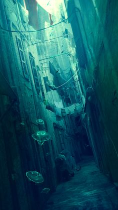 a narrow alley way with lots of doors and trash cans hanging from the side walls