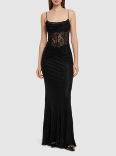 Laminated jersey long dress w/ lace - Alessandra Rich - Women | Luisaviaroma Strapless Evening Dress, Sleek Dress, Satin Dress Long, Sheer Lace Top, Cute Dress Outfits, Satin Short, Alessandra Rich, Rich Women, Maxi Jersey Dress