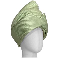 Custom Made Suzanne Couture Millinery NY Spring/Summer Celadon Quilted Silk Toque / Turban: Folded, slightly padded, peaked at top. Organza lining. US size 7 1/8. Please visit our 1Dibs Store for many more options from this same collection which belonged to an exacting collector who loved French Haute Couture clothing and hats, particularly dramatic turbans and styles made of the highest quality silks, brocades, lame fabrics and straws. The collection range from the late 1970s to the mid 2000s. French Haute Couture, Lame Fabric, Couture Outfits, Love French, Church Hats, Head Hair, Hair Ornaments, Turbans, Primavera Estate