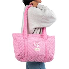 Our Candy Tote Bag is a cozy and stylish bag that combines every-day convenience with a classic design. It features 3 exterior pockets, and a bow for an added touch of elegance.   The quilted pink terry exterior is thick and luxurious, complemented by the matching pink gingham interior.   Ideal for carrying books and groceries, or hauling beach gear and gym clothes, this bag is a must have for anyone who values versatility.   Size: 16.5" x 12" x 5" (42cm x 30cm x 12cm) Gingham Interior, Nude Bags, Mini Makeup Bag, Pink Gym, Inside My Bag, Large Makeup Bag, Vanity Bag, Pink Tote Bags, Beach Gear