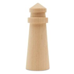 a wooden toy lighthouse on a white background with clippings to cut out the top