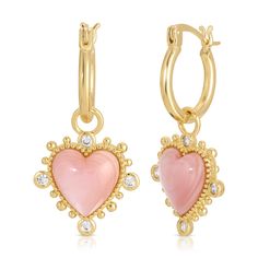 Small gold hoops with pink dangly hearts Memorable Jewelry, Sweet Earrings, Ear Party, Small Gold Hoops, Necklace Chain Lengths, Heart Gemstone, Pink Earrings, Shell Earrings, Gold Hoops