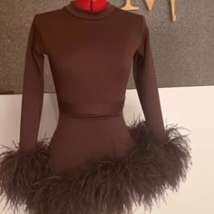 Collar Neck Mini Dress With Ostrich Feathers. Very Lush Feathers Long Sleeves Stretchy Fabric Can Fit Size 10/12 Worn Once Chocolate Velvet Dress, Brown Fur Dress, Dress With Ostrich Feathers, Feather Sleeves, Fur Dress, Collar Neck, Colorful Feathers, Ostrich Feathers, Orange Dress