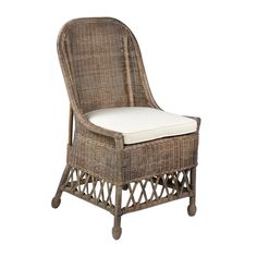 a wicker chair with a white cushion