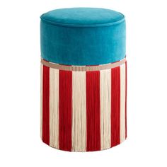 a blue stool with red and white stripes on the top, sitting in front of a white background