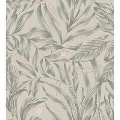 a wallpaper with green leaves and white flowers on the top of it, in grey tones