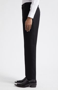 Tailored elegance pervades Italian-crafted pants fashioned from smooth wool with a mid rise and cleanly pressed creases. 34" inseam; 14 1/2" leg opening; 11 1/2" front rise; 14 1/2" back rise (size 48 EU) Zip fly with hook-and-bar closure Side-seam pockets; back button-welt pockets 100% wool Dry clean Made in Italy Designer Clothing Black Pants With Pressed Crease And Straight Silhouette, Black Bottoms With Pressed Crease, Black Straight Silhouette Bottoms For Evening, Tailored Black Straight Pants, Tailored Black Pants With Straight Silhouette, Black Tailored Straight Silhouette Pants, Elegant Pants With Pressed Crease And Straight Silhouette, Office Bottoms With Concealed Placket And Straight Silhouette, Elegant Straight Silhouette Pants With Pressed Crease