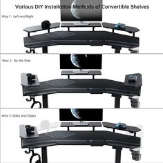 three different views of a computer desk with two monitors and one monitor on it,