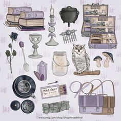 "Witch clipart kit halloween clipart commercial use celestial witches brew clipart enchanted forest clipart fashion girl sticker graphics 51 element clipart set \"Full Moon\" with hand drawn desk scene, owl, candles, crystals, bag, sage, book stack, witches brew, key, glasses, herbs, roses, mushrooms and fashion girls. These purple, gray, dark blue, lilac, green, silver, black and white digital elements are suitable for any creative project like scrapbooking, birthday parties, tea parties, 3d ca Forest Witch Drawing, Crystals Bag, Pastel Witch, Candles Crystals, Forest Clipart, Witch Drawing, Witch Clipart, Procreate Ipad Art, Valentines Day Clipart