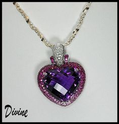 "IMPORTANT...CLICK ON ( + MORE) BELOW TO SEE ALL SPECS & DETAILS JEWELRY STORE RETAIL....$7,988.00 GLAMOROUS LUXURY 18k HUUUGE EYE GRABBING HEART PENDANT...AMAZING SPARKLE!! Over 45 carats of gems set in 18k white gold. The approx. 42 carat checkerboard cut solitaire heart with near flawless sparkle & RICH COLOR, surrounded by shaded gemstone as well as white diamonds. The heart dangels off a larger sparkling white diamond bale. The back is almost as pretty as the front as she has a beau Luxury Diamond Solitaire Necklace With Heart Pendant, Luxury Purple Diamond Necklace, Formal Amethyst Jewelry For Valentine's Day, Purple Fine Jewelry For Valentine's Day, Luxury Kunzite Jewelry With Accent Stones, Pink Sapphire Pave Wedding Jewelry, Luxury Pink Sapphire Jewelry For Anniversary, Luxury Pink Sapphire Jewelry For Weddings, Luxury Pink Sapphire Wedding Jewelry