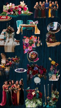 a collage of photos with people dressed in formal wear and flowers on them, including table cloths