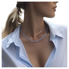 This necklace promises to envelop you in an aura of indulgent elegance and exquisite uniqueness. It serves as the perfect companion for any casual occasion, elevating your presence with a touch of unparalleled sophistication and charm. * 16" Total Length + 1.5" Adjustable Extension * Angelite 2mm x 3mm, Semi-precious stone, From Peru * 22K Gold Plated Sterling Silver Clasp, From Vietnam * 22K Gold Plated Sterling Silver Beads 1.8mm x 3mm, From Turkey * Handmade in Westport CT. US * Free shipping Spiritual Blue Faceted Beads Necklace, Blue Spiritual Necklace With Faceted Beads, Blue Agate Polished Bead Necklaces, Luxury Blue Agate Beaded Necklaces, Blue Shell-shaped Adjustable Necklace, Gold Beaded Necklace, Westport Ct, Gold Bead Necklace, Gold Baby