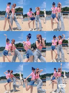 several pictures of a woman in pink shirt and jeans dancing on the beach with her hands up