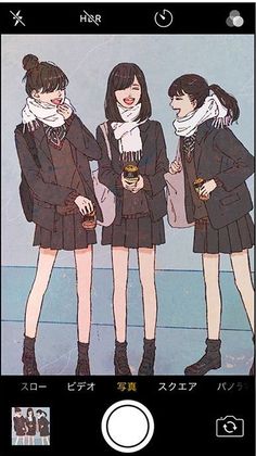 three girls in school uniforms standing next to each other and one girl is holding a cell phone